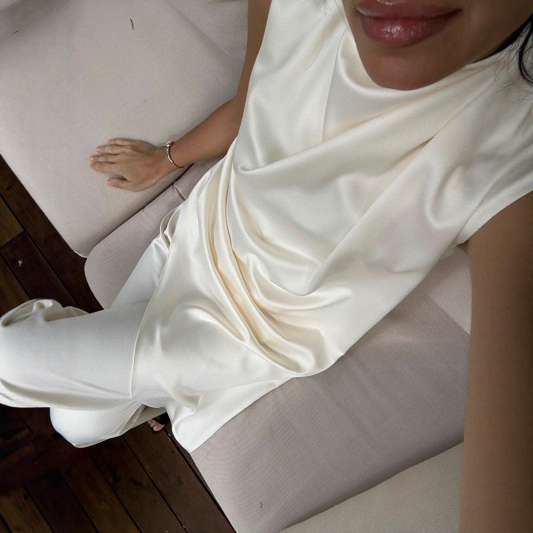 Asymmetrical Satin Blouse & Trousers Set