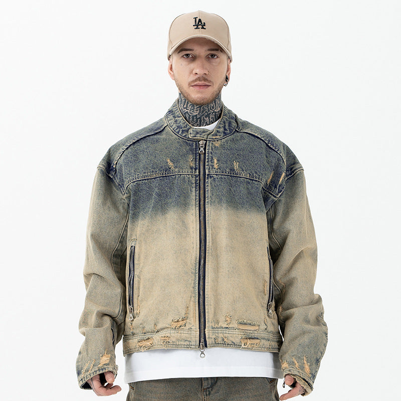 Lanhai men's clothing autumn and winter heavy washing to do old damaged zipper casual retro denim coat trendy men