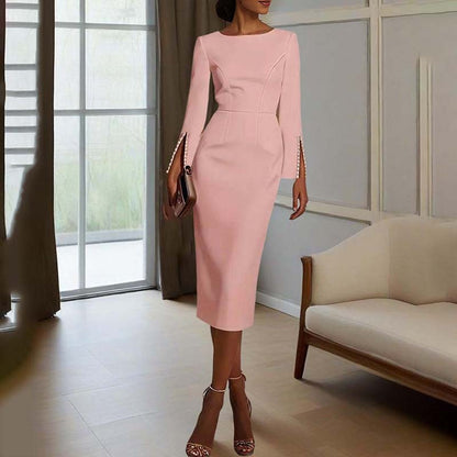 Pearl-Detail Long Sleeve Midi Dress