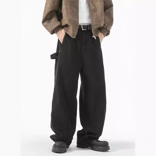 loose-fitting black and white work pants