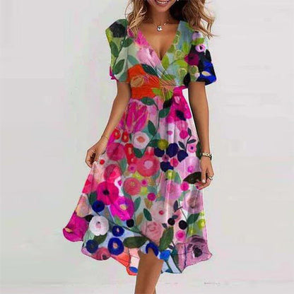 Loose, casual and elegant V-neck floral print dress