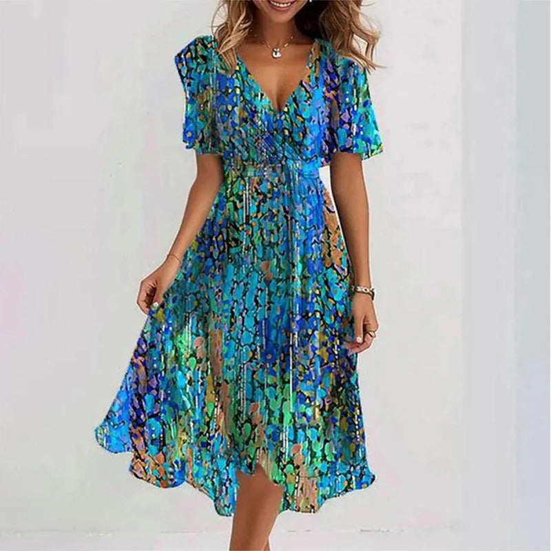 Loose, casual and elegant V-neck floral print dress