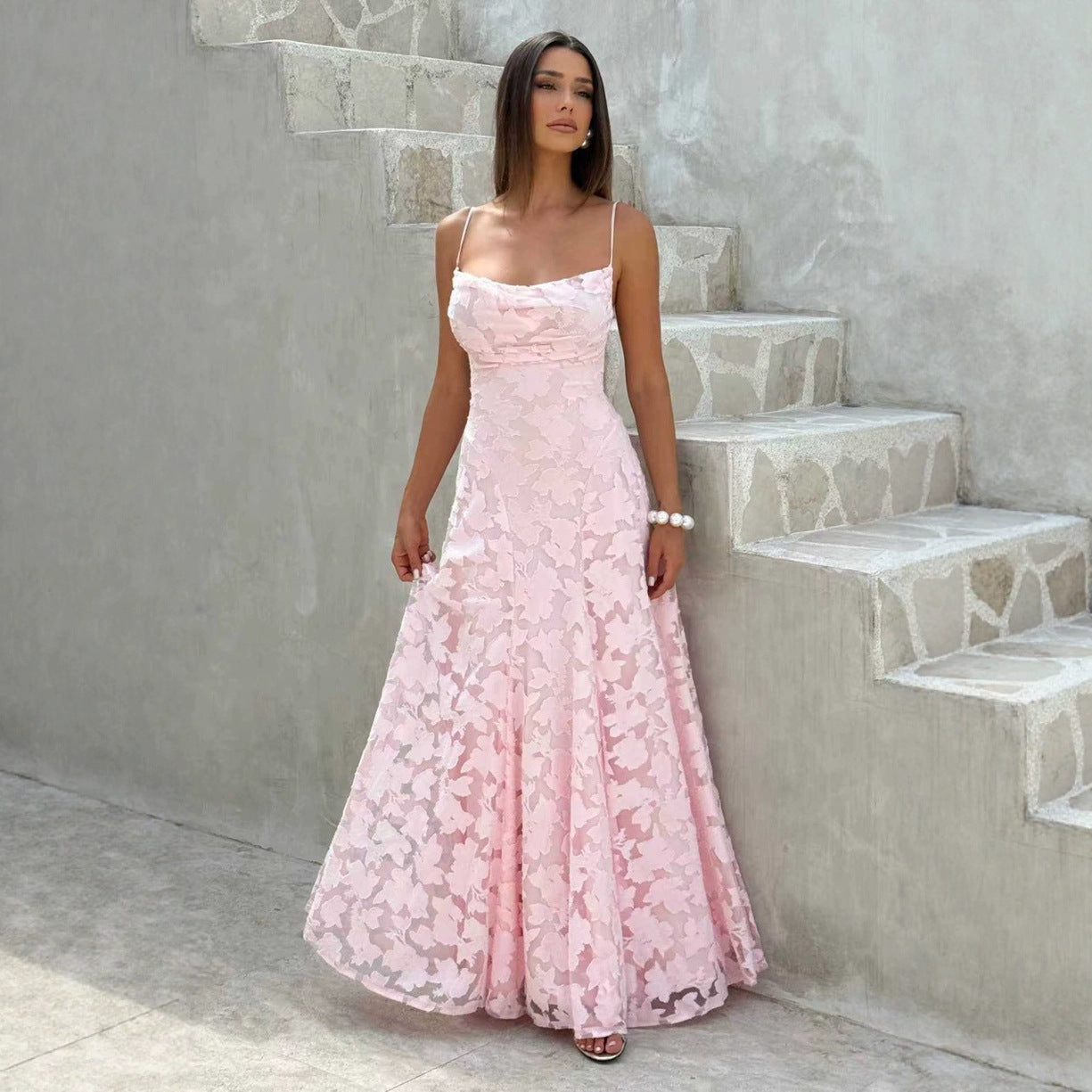 Textured Floral Jacquard Evening Gown