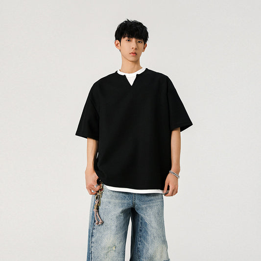 WASSUP fake two short-sleeved T-shirts for men, summer light and loose casual half-sleeved T-shirts for men