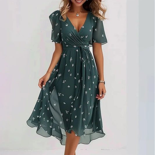 Loose, casual and elegant V-neck floral print dress