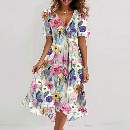 Loose, casual and elegant V-neck floral print dress