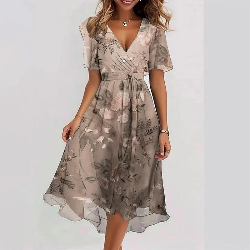 Loose, casual and elegant V-neck floral print dress