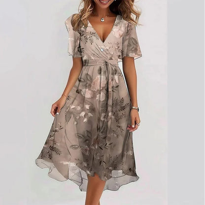 Loose, casual and elegant V-neck floral print dress