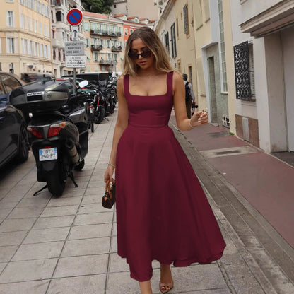 Square-Neck Elegant Midi Dress