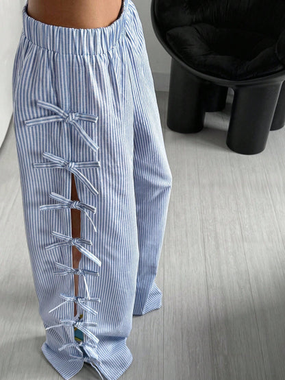 Striped Wide-Leg Pants with Side Bows