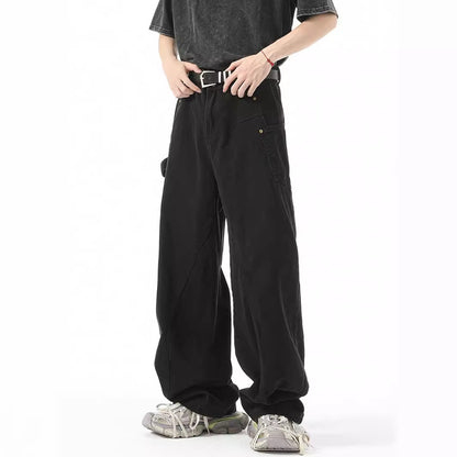 loose-fitting black and white work pants