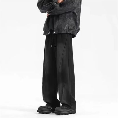 Autumn Men'S High Street Pleated Straight Pants Korean Fashion Elastic Waist Pockets Trousers Y2K Vintage Pantalones Hombre