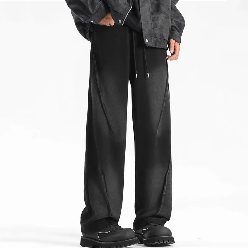 Autumn Men'S High Street Pleated Straight Pants Korean Fashion Elastic Waist Pockets Trousers Y2K Vintage Pantalones Hombre