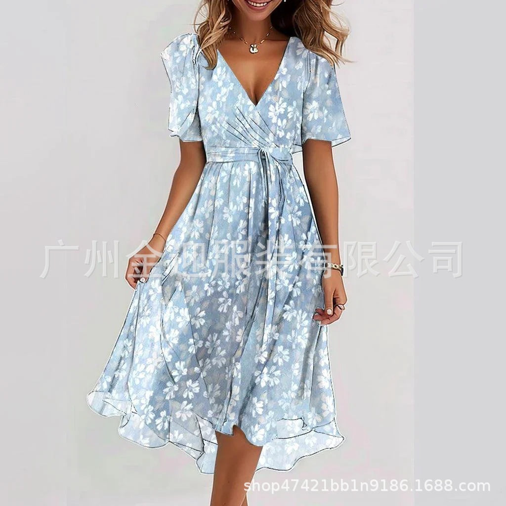Loose, casual and elegant V-neck floral print dress