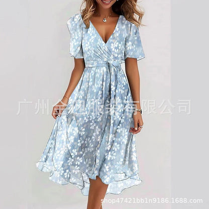 Loose, casual and elegant V-neck floral print dress