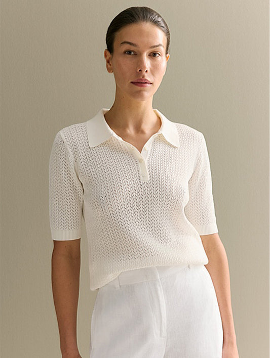 Open-Knit Polo Sweater Top