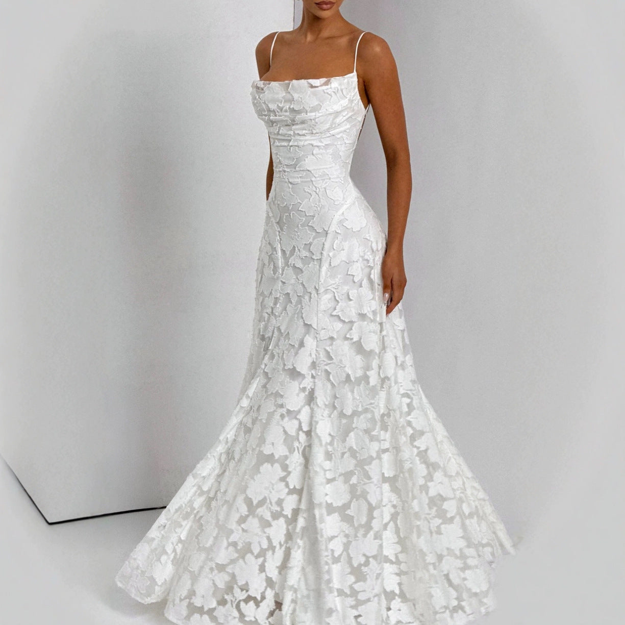 Textured Floral Jacquard Evening Gown