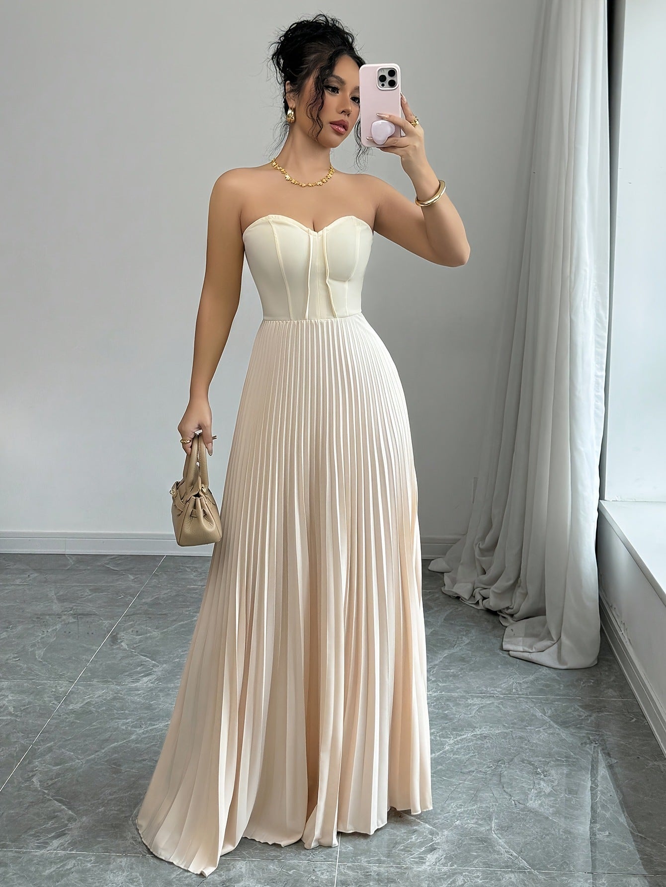 Strapless Corset Pleated Maxi Gown
