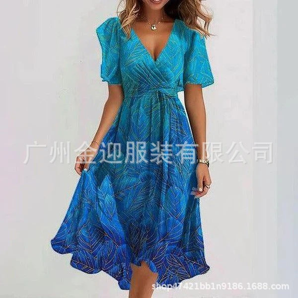 Loose, casual and elegant V-neck floral print dress