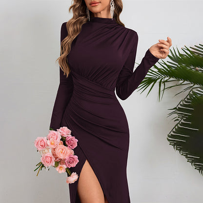 High Neck Ruched Slit Maxi Dress