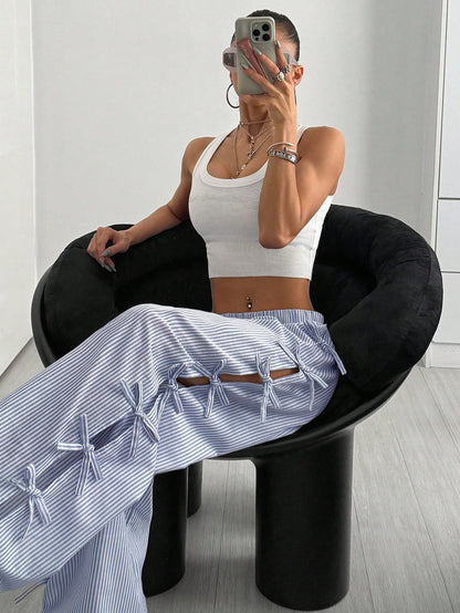 Striped Wide-Leg Pants with Side Bows