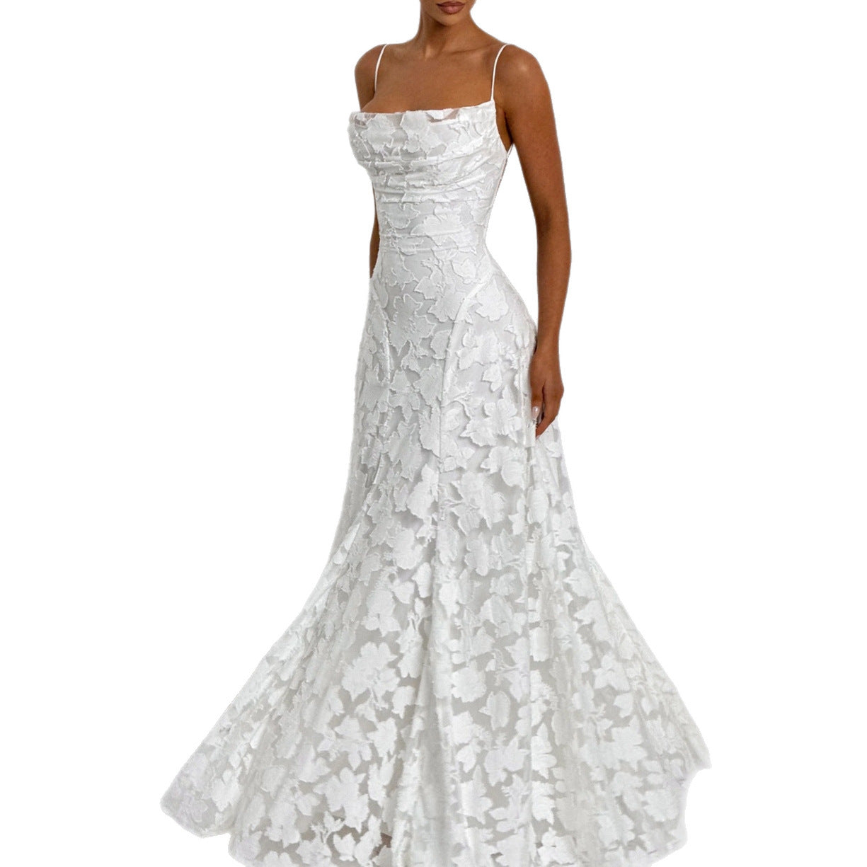 Textured Floral Jacquard Evening Gown
