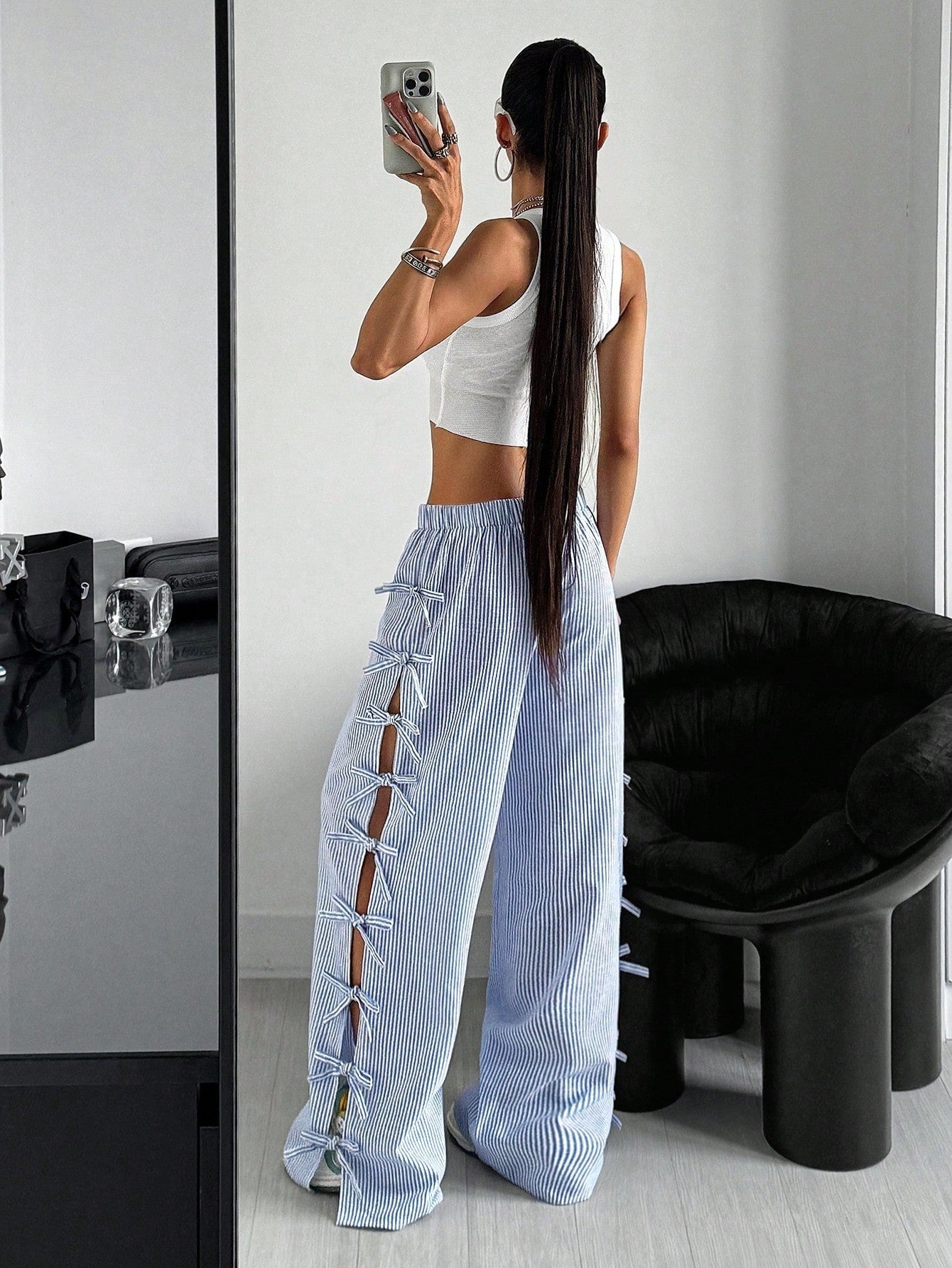 Striped Wide-Leg Pants with Side Bows