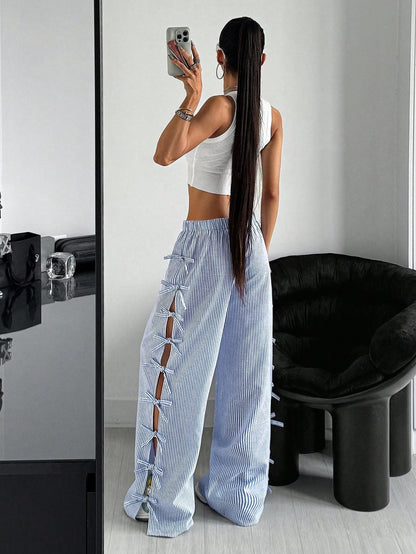 Striped Wide-Leg Pants with Side Bows
