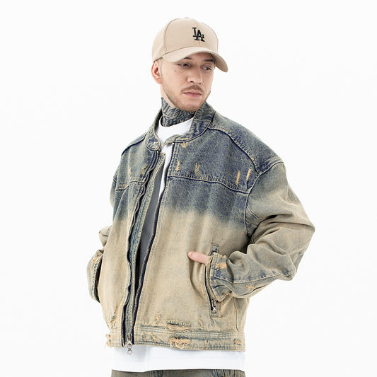 Lanhai men's clothing autumn and winter heavy washing to do old damaged zipper casual retro denim coat trendy men