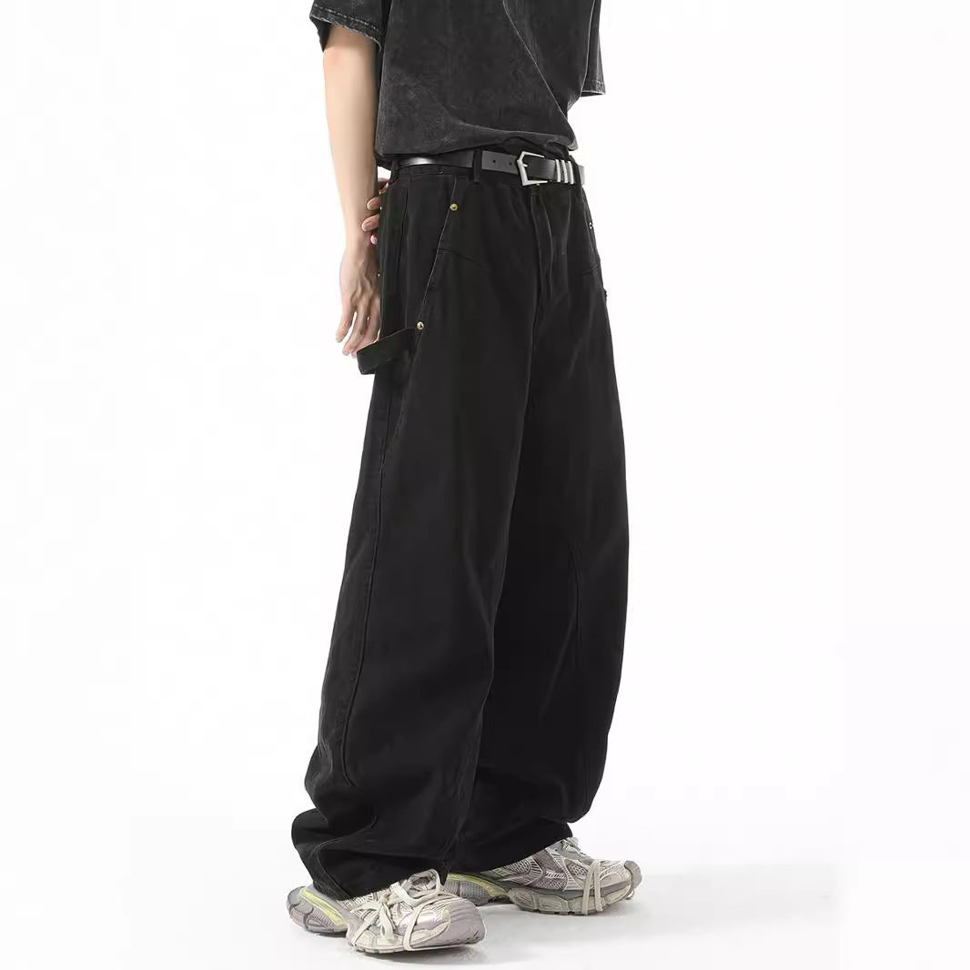 loose-fitting black and white work pants
