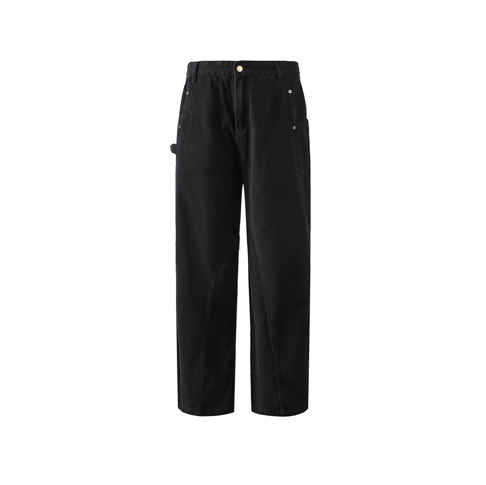 loose-fitting black and white work pants