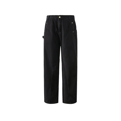 loose-fitting black and white work pants