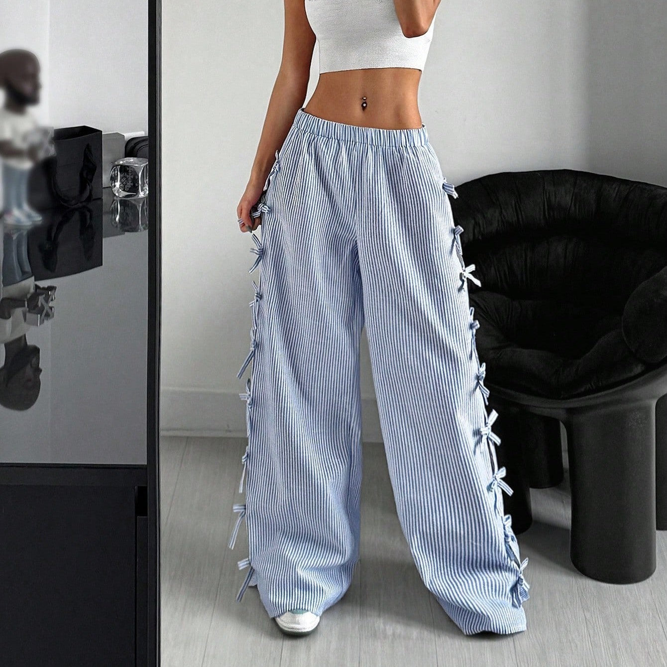 Striped Wide-Leg Pants with Side Bows