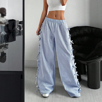 Striped Wide-Leg Pants with Side Bows