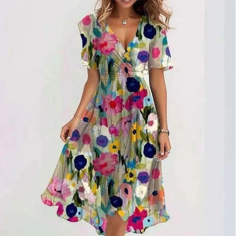 Loose, casual and elegant V-neck floral print dress