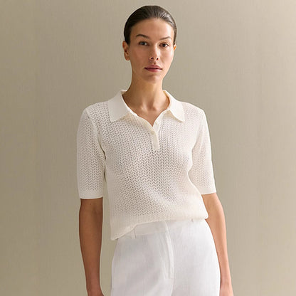 Open-Knit Polo Sweater Top