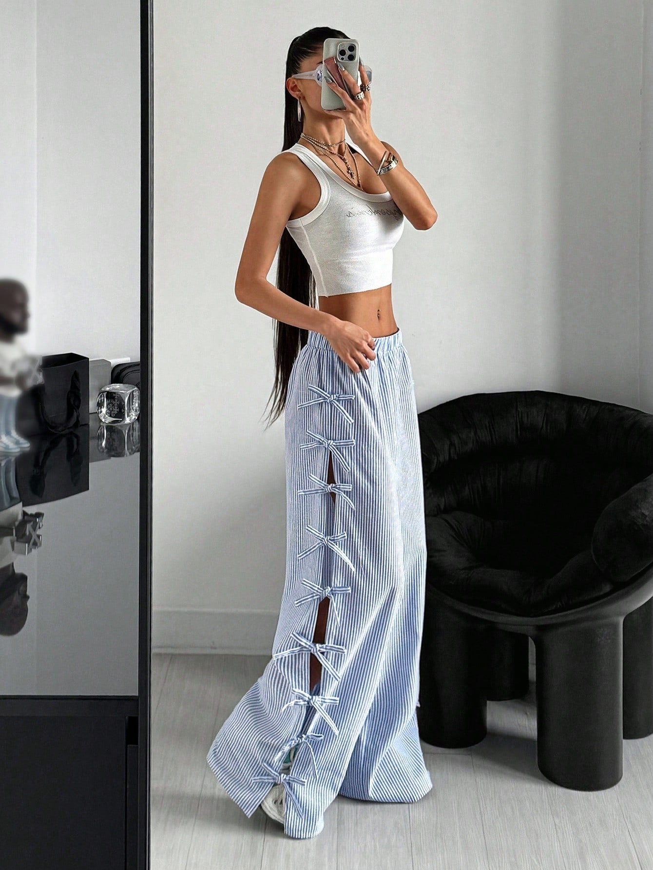 Striped Wide-Leg Pants with Side Bows