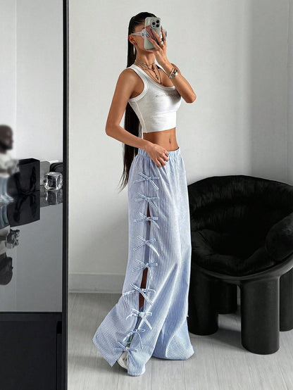 Striped Wide-Leg Pants with Side Bows