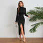 High Neck Ruched Slit Maxi Dress