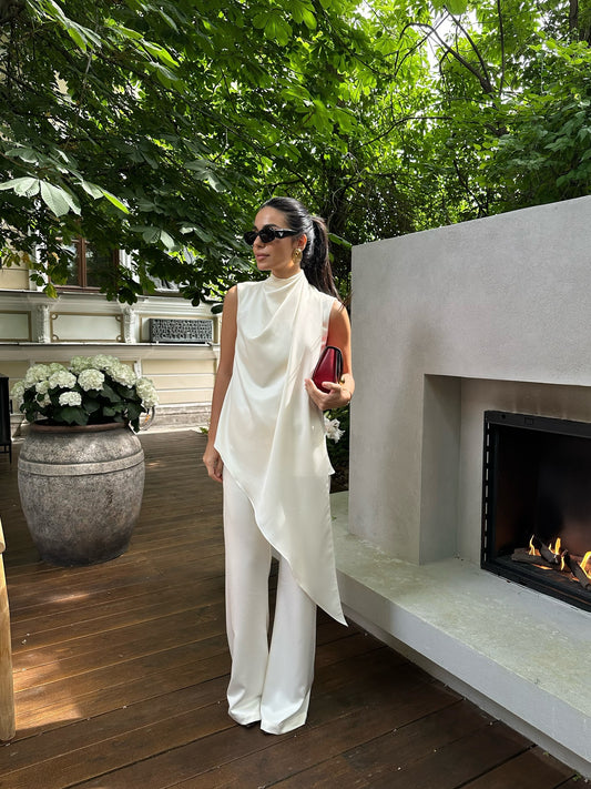 Asymmetrical Satin Blouse & Trousers Set