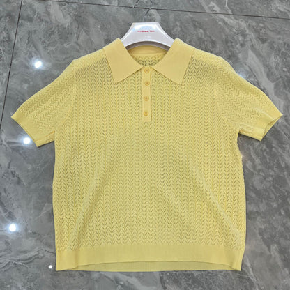 Open-Knit Polo Sweater Top