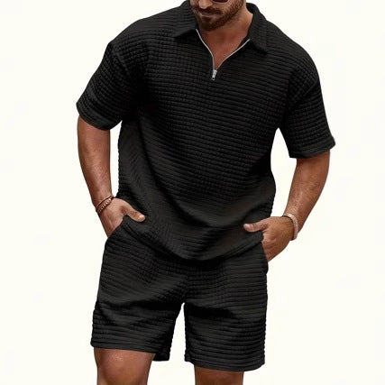 Textured Short-Sleeve Zip Polo