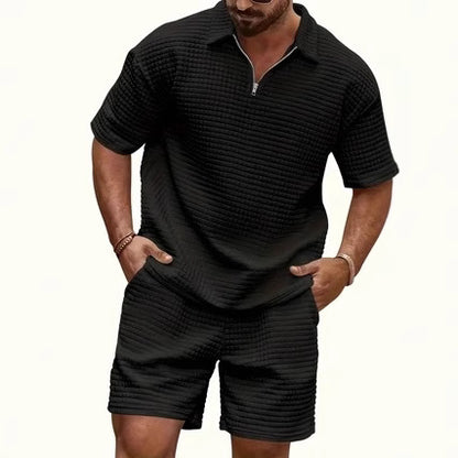 Textured Short-Sleeve Zip Polo