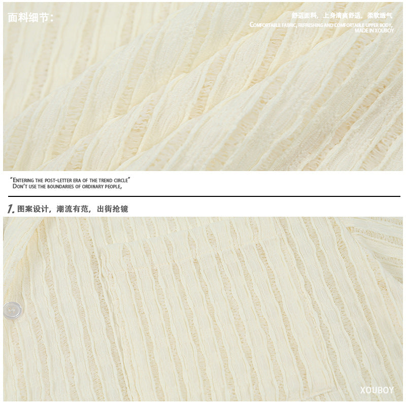 A loose and casual short-sleeved shirt with a design sense of wheat ear and milk apricot color, featuring a hollowed-out design