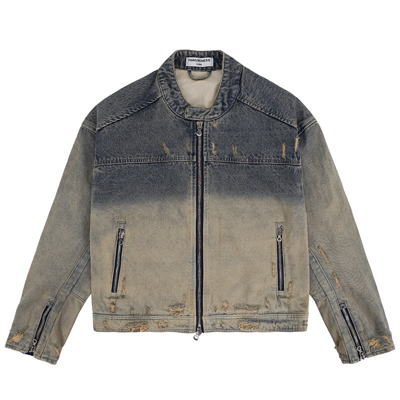 Lanhai men's clothing autumn and winter heavy washing to do old damaged zipper casual retro denim coat trendy men