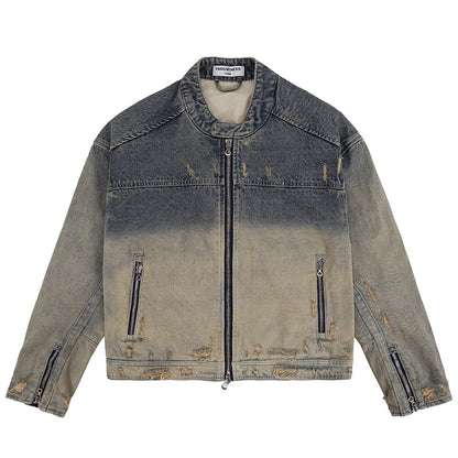 Lanhai men's clothing autumn and winter heavy washing to do old damaged zipper casual retro denim coat trendy men