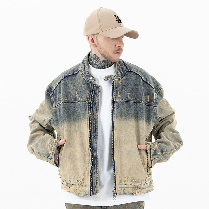 Lanhai men's clothing autumn and winter heavy washing to do old damaged zipper casual retro denim coat trendy men