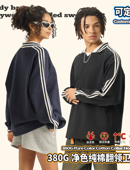 RS Men's Wear: American striped miu series pure cotton sweatshirt for men 380G, college style contrasting color lapel commuter men's sweatshirt