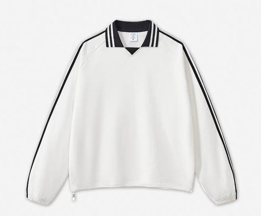 RS Men's Wear: American striped miu series pure cotton sweatshirt for men 380G, college style contrasting color lapel commuter men's sweatshirt