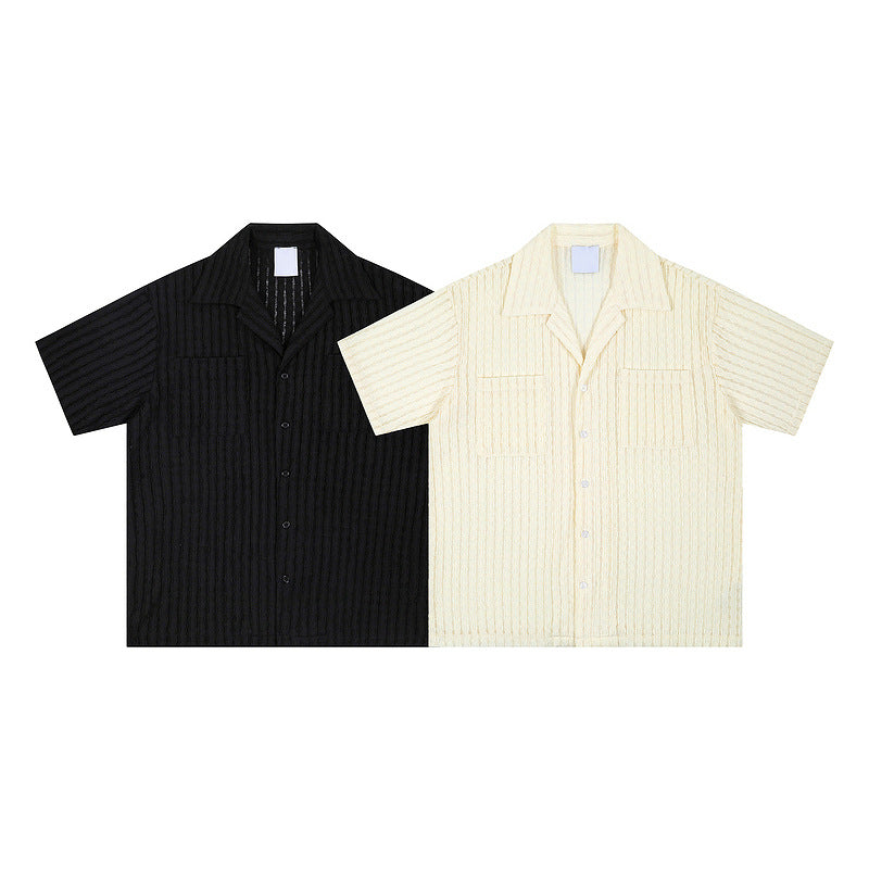A loose and casual short-sleeved shirt with a design sense of wheat ear and milk apricot color, featuring a hollowed-out design